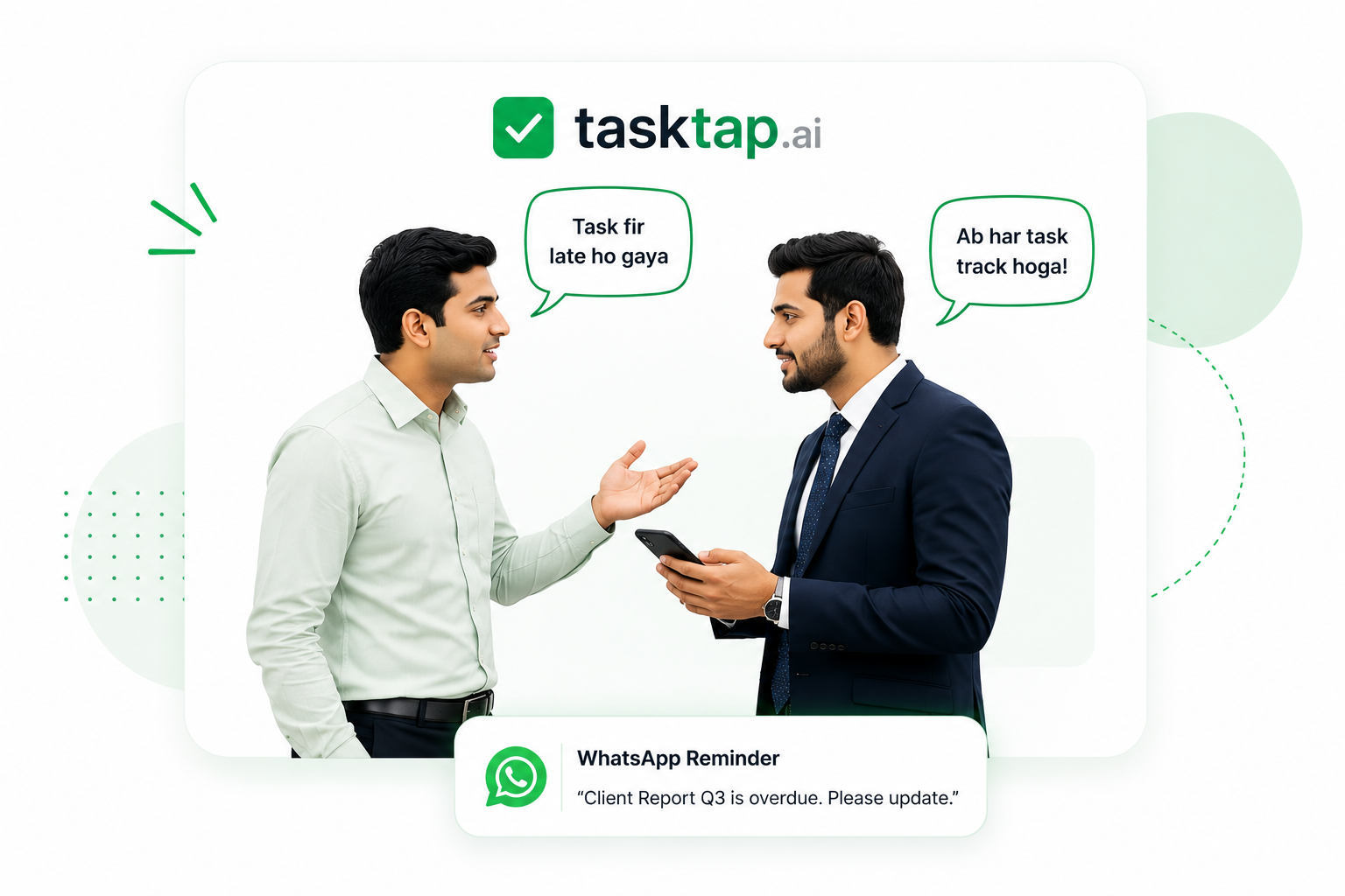 Team members discussing tasks — TaskTap.ai accountability platform